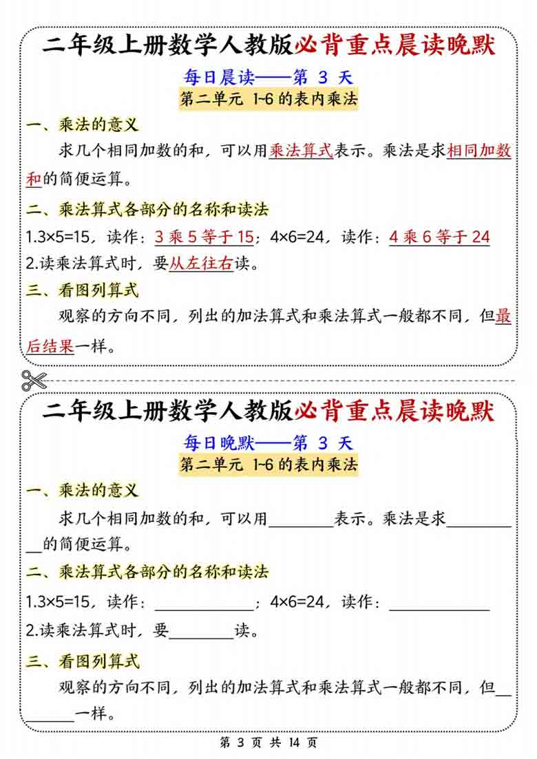 二年级上册数学人教版必背重点晨读晚默，14页PDF可打印学习资料