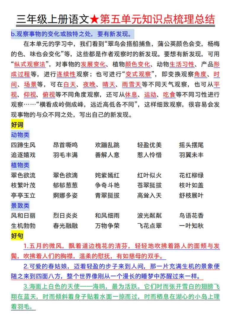 三年级上册语文第五单元知识点梳理总结，7页PDF电子版学习资料