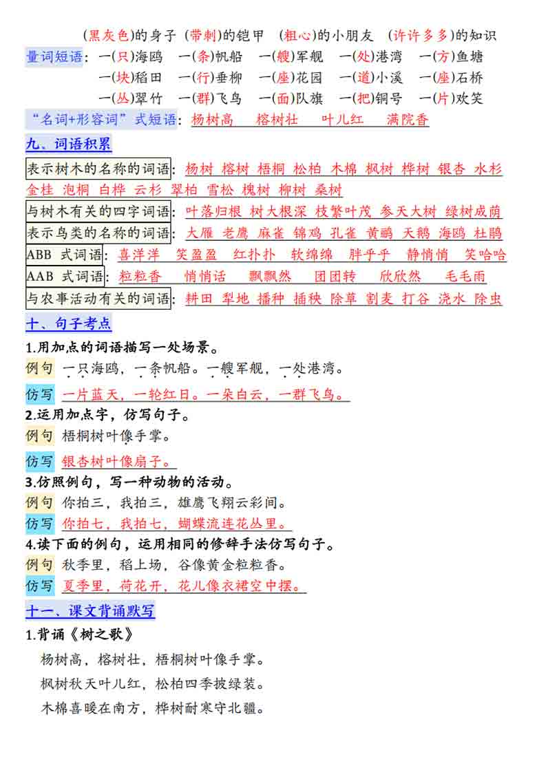 二年级上册语文第二单元高频考点总结单十三个考点归纳，4页PDF可打印