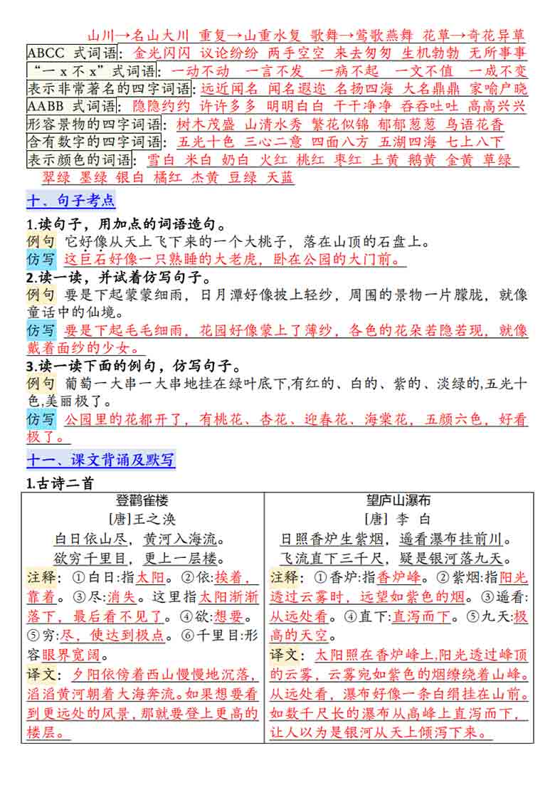 二年级上册语文第四单元高频考点总结单十三个考点归纳，4页PDF可打印