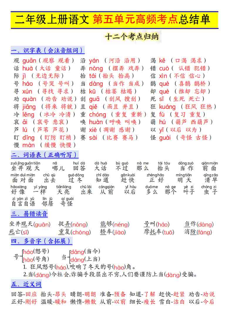 二年级上册语文第五单元高频考点总结单十二个考点归纳，3页PDF电子版