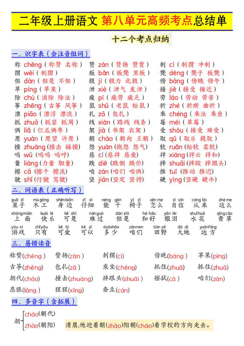 二年级上册语文第八单元高频考点总结单十二个考点归纳，3页PDF可打印