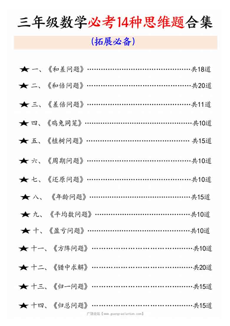 三年级上册数学必考14种思维题合集，65页PDF电子版学习资料