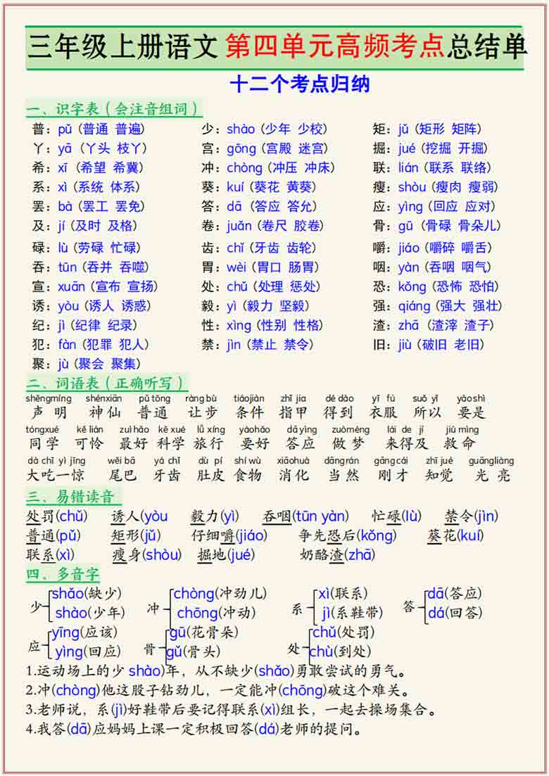 三年级上册语文第四单元高频考点总结单十二个考点归纳，3页PDF可打印