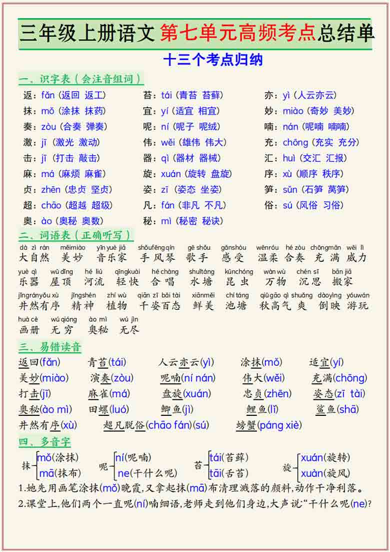三年级上册语文第七单元高频考点总结单十三个考点归纳，4页PDF电子版