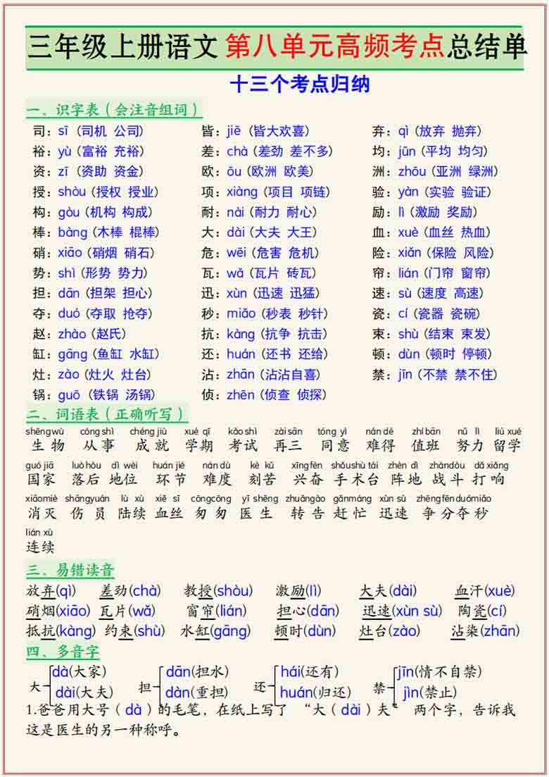 三年级上册语文第八单元高频考点总结单十三个考点归纳，4页PDF可打印