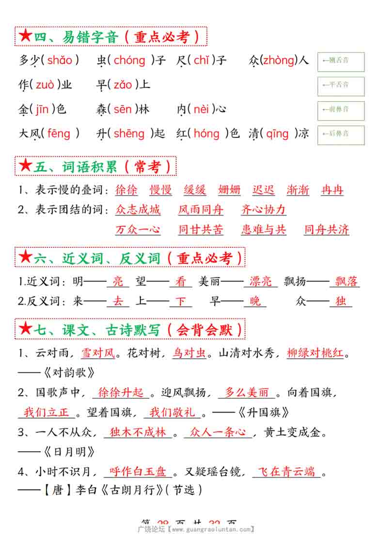 一年级上册语文第六单元考点总结7个必背知识点，4页PDF可打印