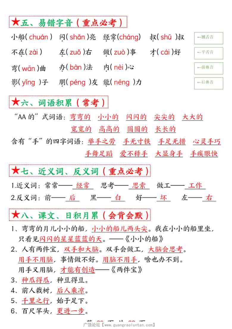 一年级上册语文第七单元考点总结-8个必背知识点，4页PDF电子版