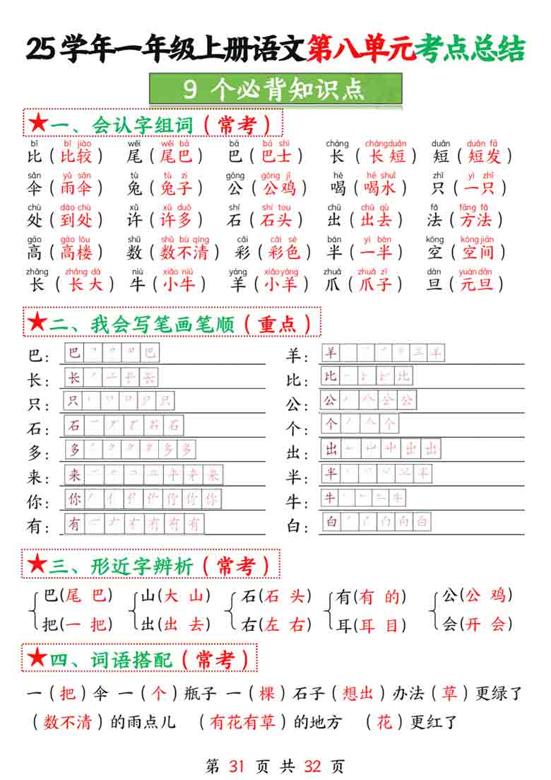 一年级上册语文第八单元考点总结9个必背知识点，4页PDF可打印