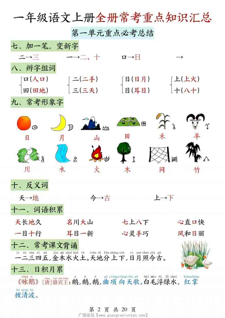 一年级语文上册全册常考重点知识汇总，20页PDF可打印