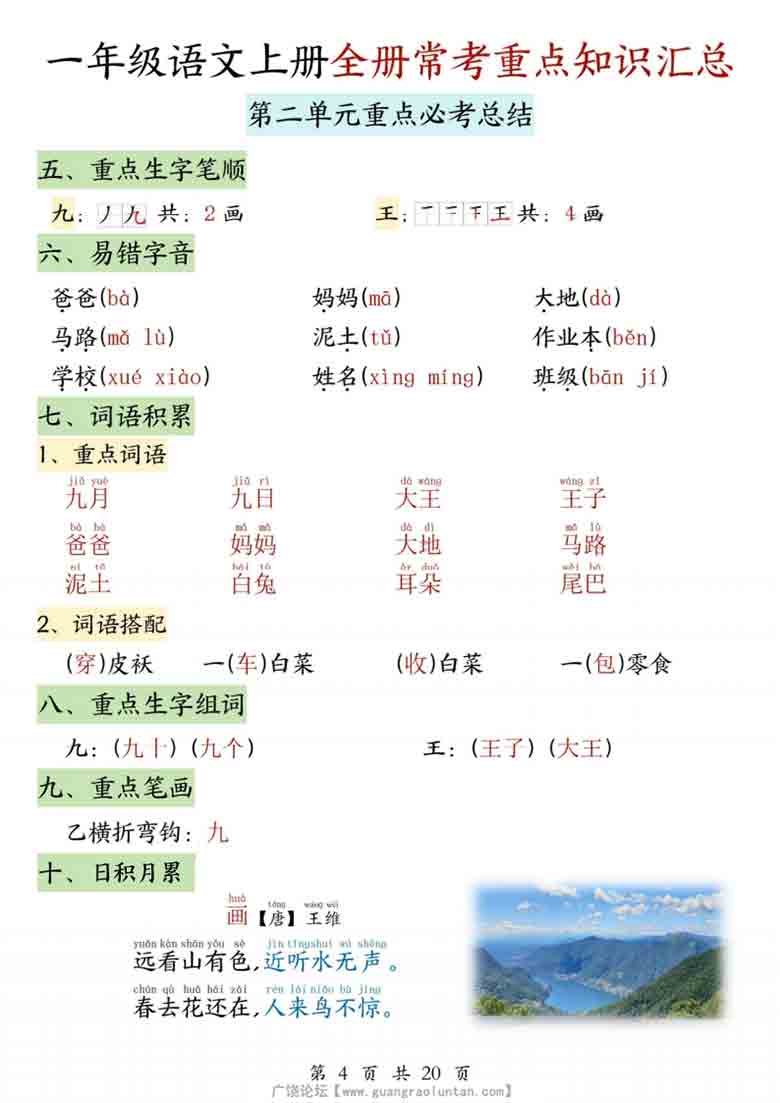 一年级语文上册全册常考重点知识汇总，20页PDF可打印