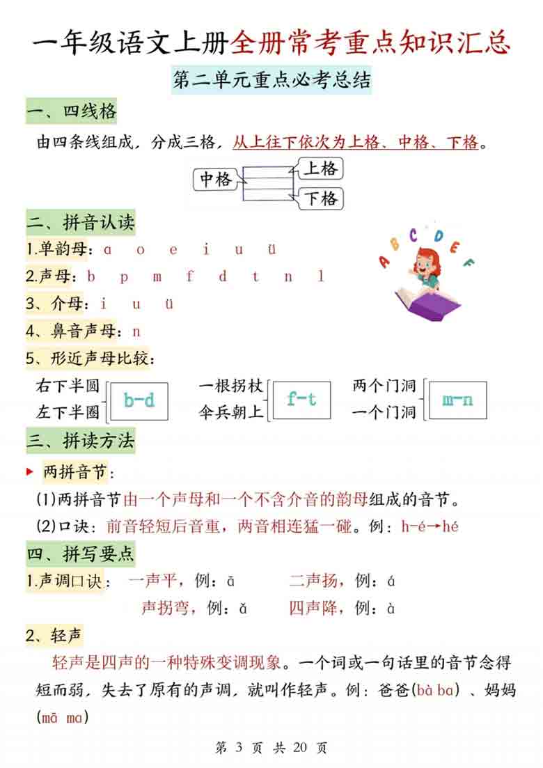 一年级语文上册全册常考重点知识汇总，20页PDF可打印