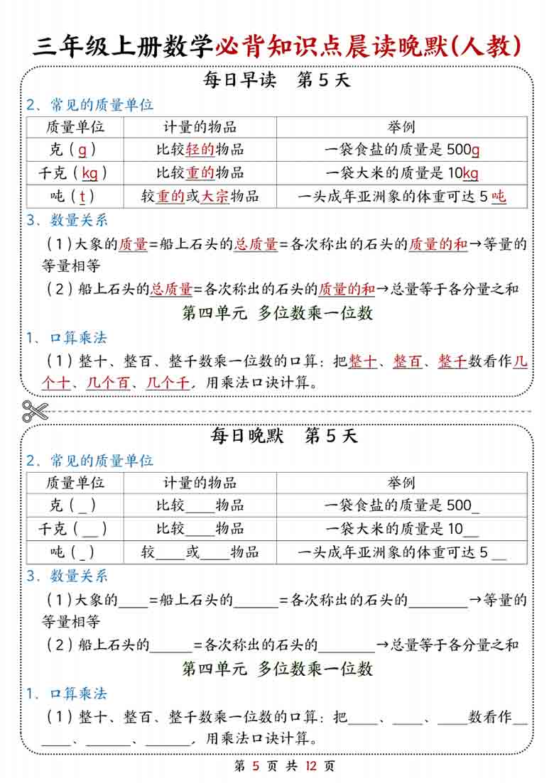 三年级上册数学必背知识点晨读晚默（人教版），12页PDF可打印