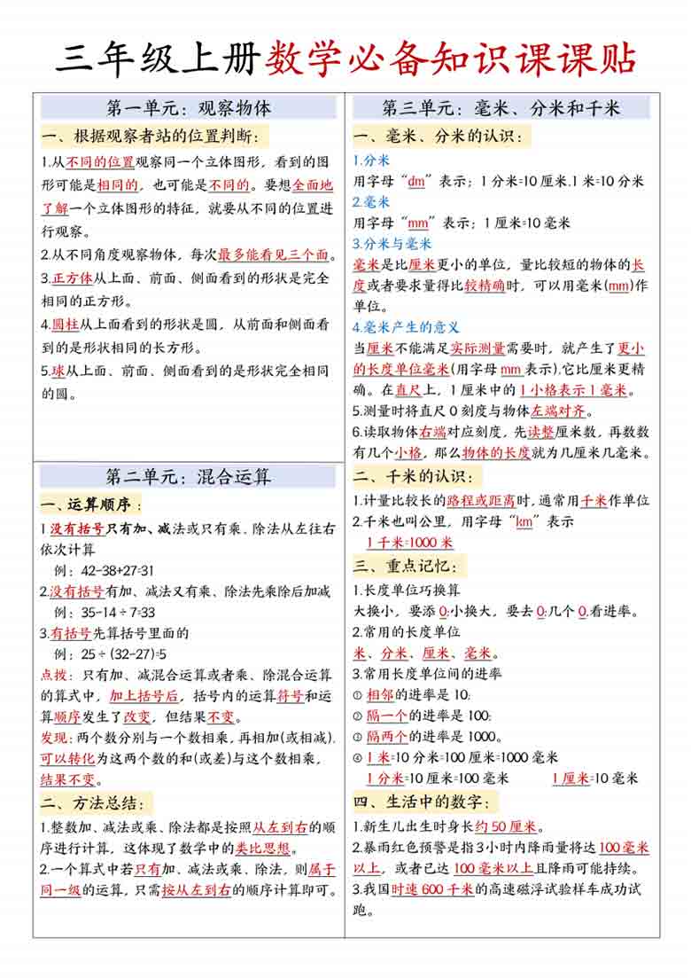 三年级上册数学必备知识课课贴，3页PDF电子版