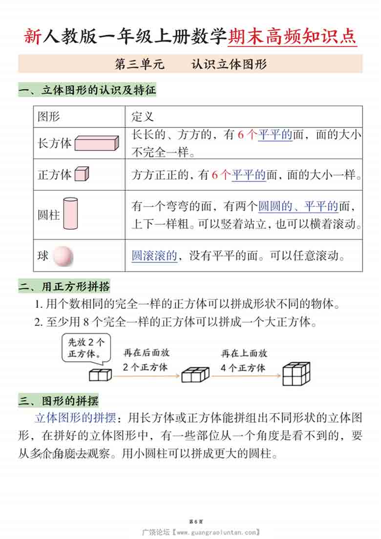 一年级上册数学期末高频知识点（人教版），11页PDF电子版