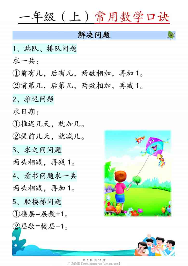 一年级上册数学常用数学口诀，10页PDF电子版