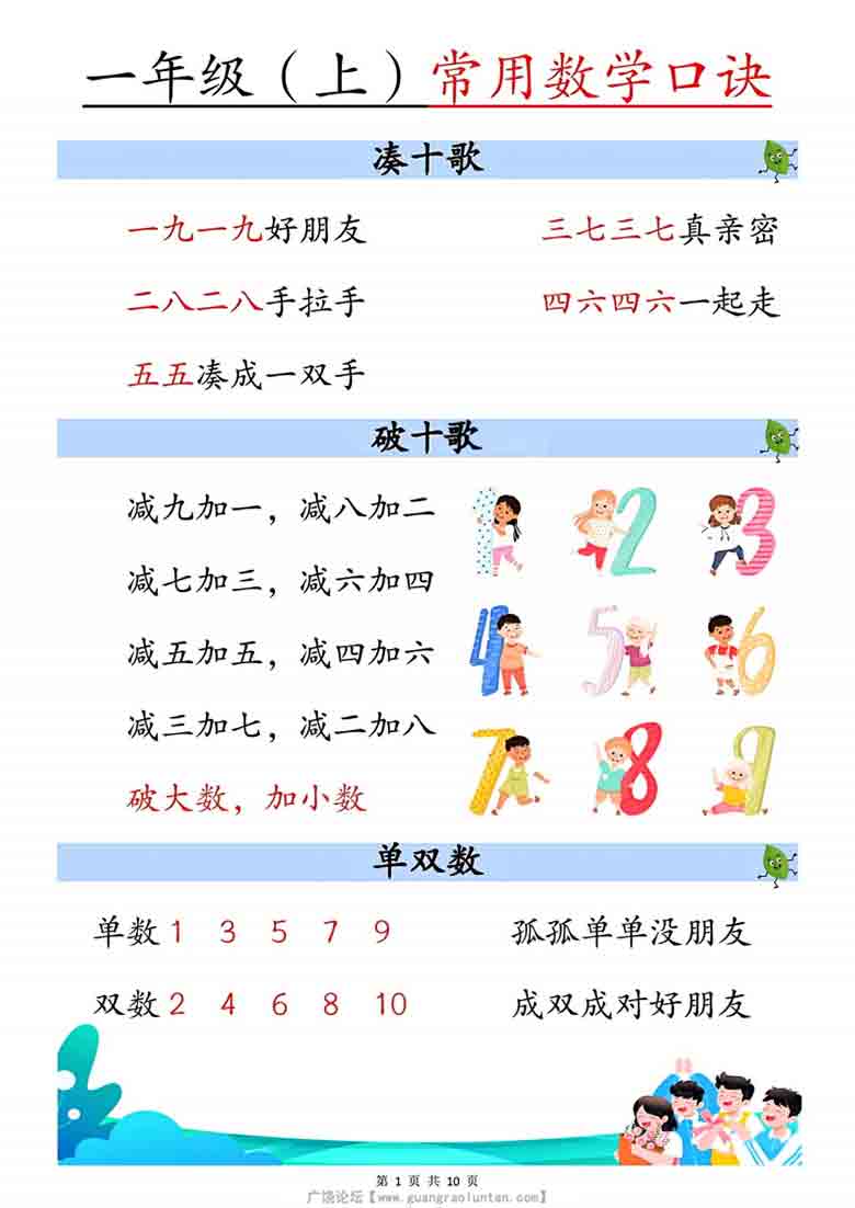 一年级上册数学常用数学口诀，10页PDF电子版