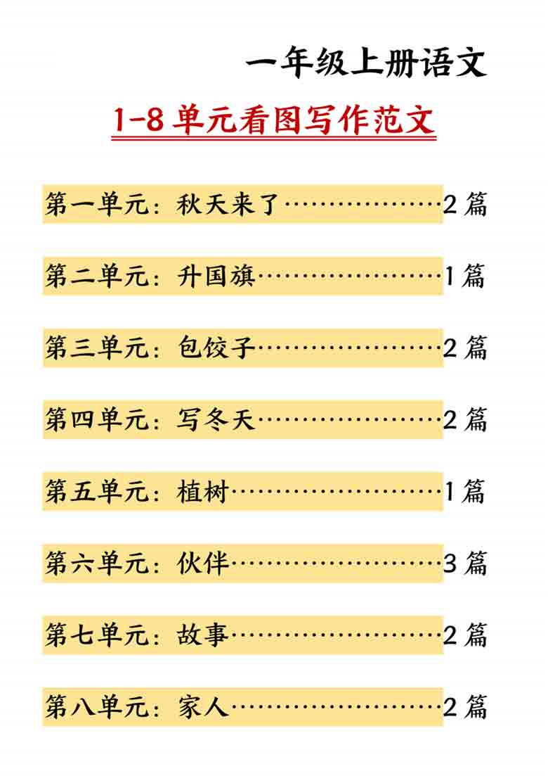一年级上册语文1-8单元看图写作范文，16页PDF电子版