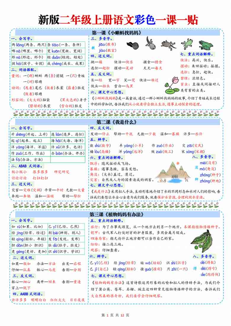 二年级上册语文一课一贴彩色课课贴，12页PDF电子版