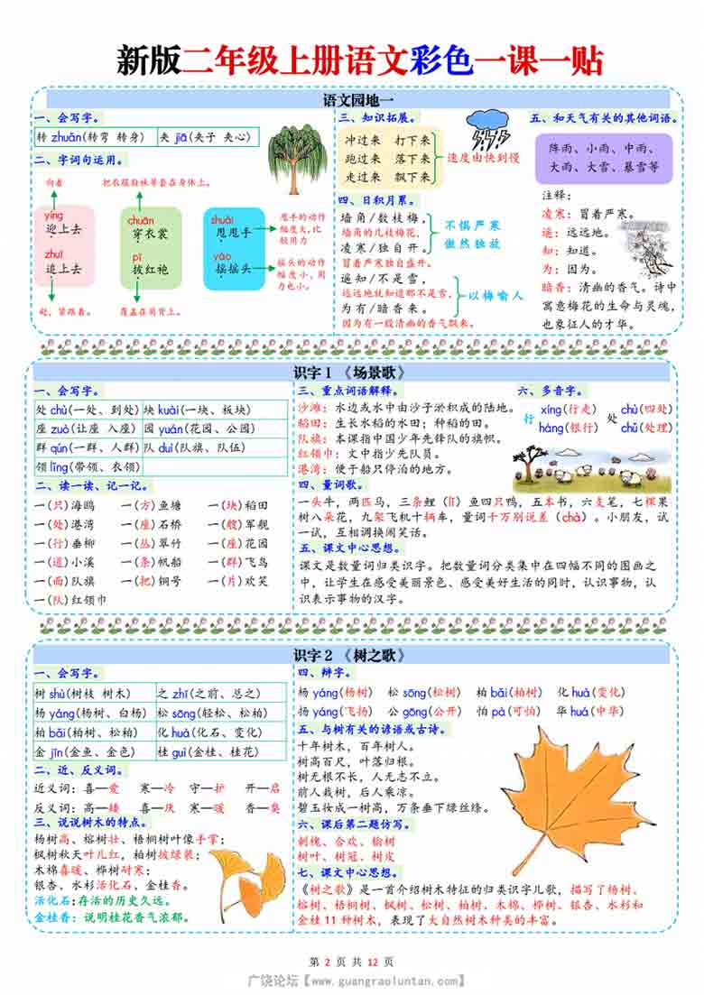 二年级上册语文一课一贴彩色课课贴，12页PDF电子版