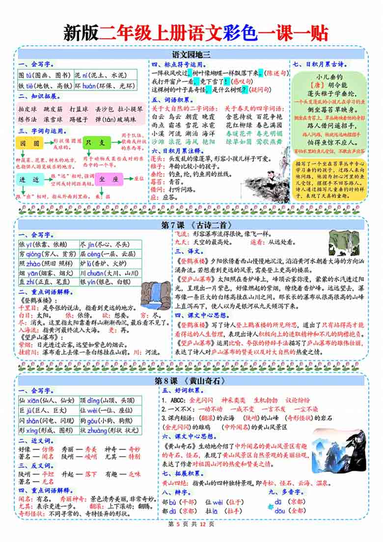 二年级上册语文一课一贴彩色课课贴，12页PDF电子版