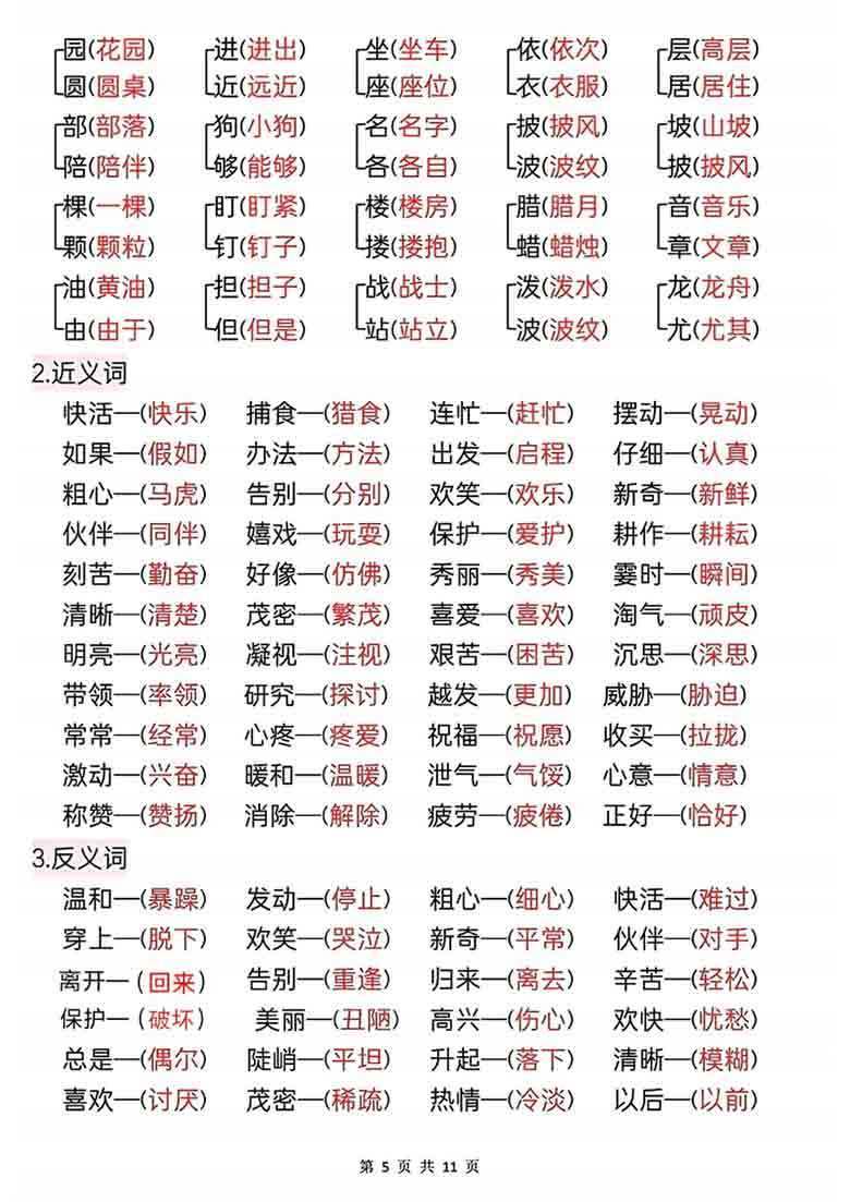 二年级上册语文全册知识点汇总，11页PDF可打印