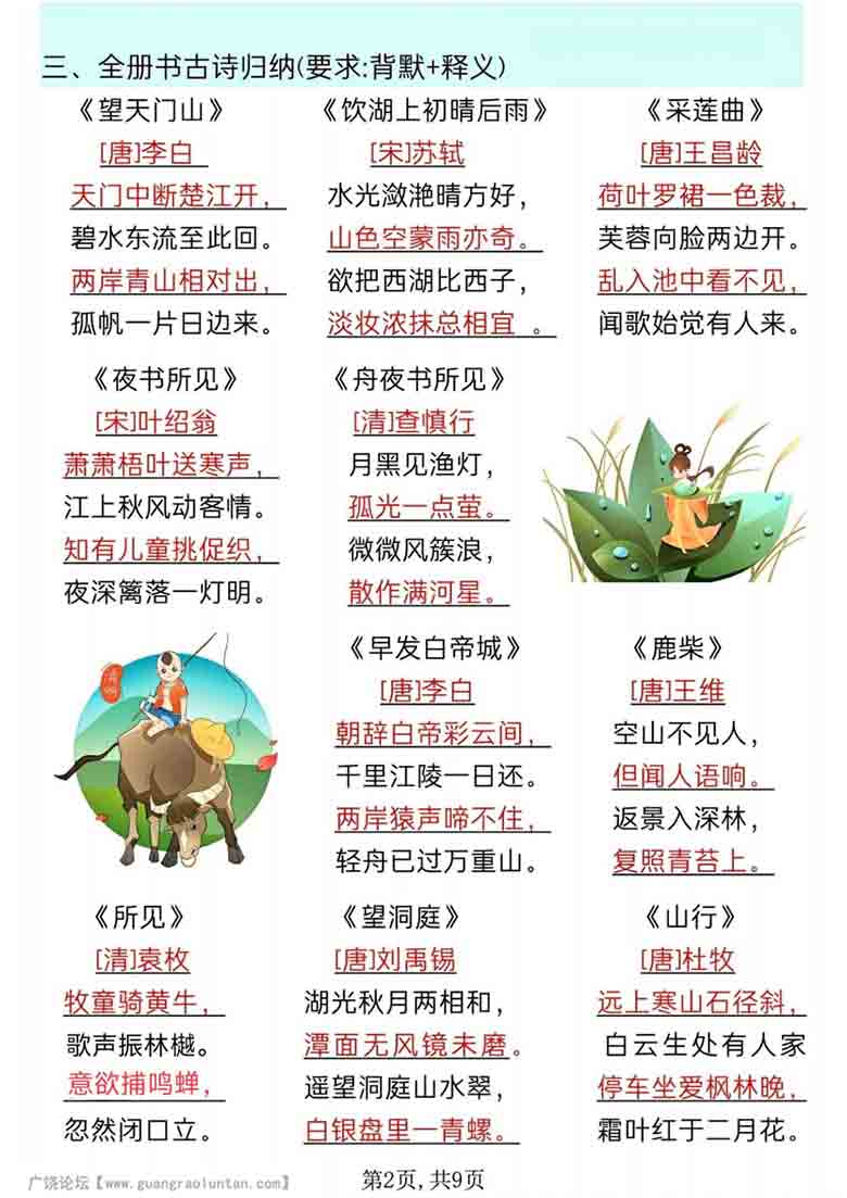 三年级上册语文全册知识点汇总版二，9页PDF可打印学习资料