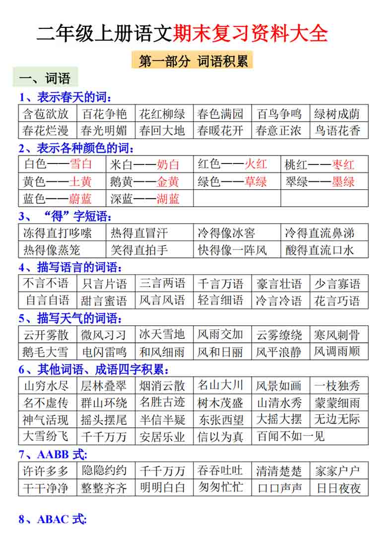 二年级上册语文期末复习资料大全，9页PDF电子版