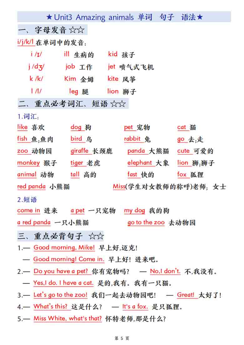 三（上）英语必背知识点总结《人教版》，6页PDF电子版
