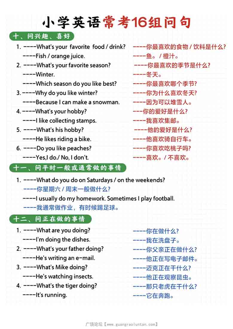 小学英语常考16种问句，7页PDF电子版