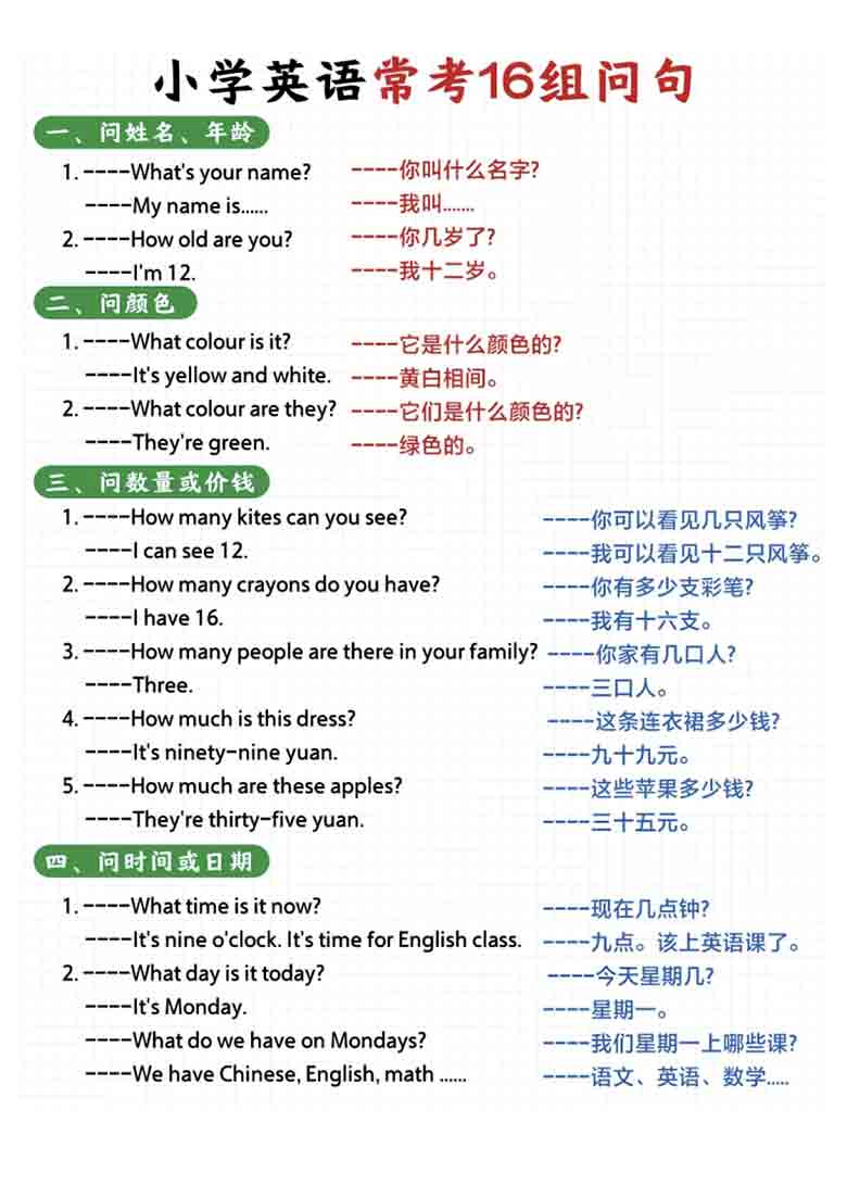 小学英语常考16种问句，7页PDF电子版