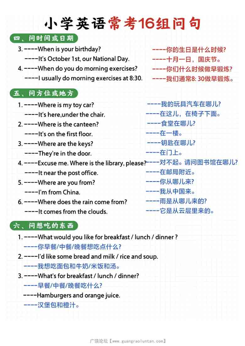小学英语常考16种问句，7页PDF电子版