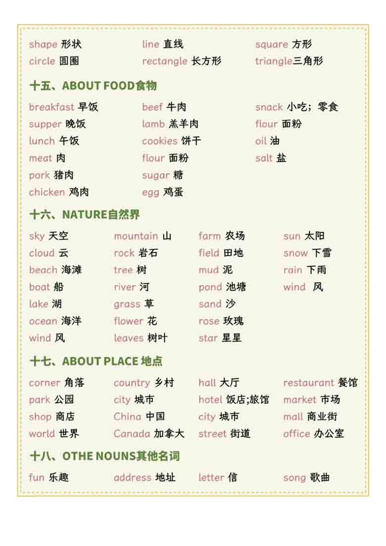 小学英语核心英文词汇，9页PDF可打印