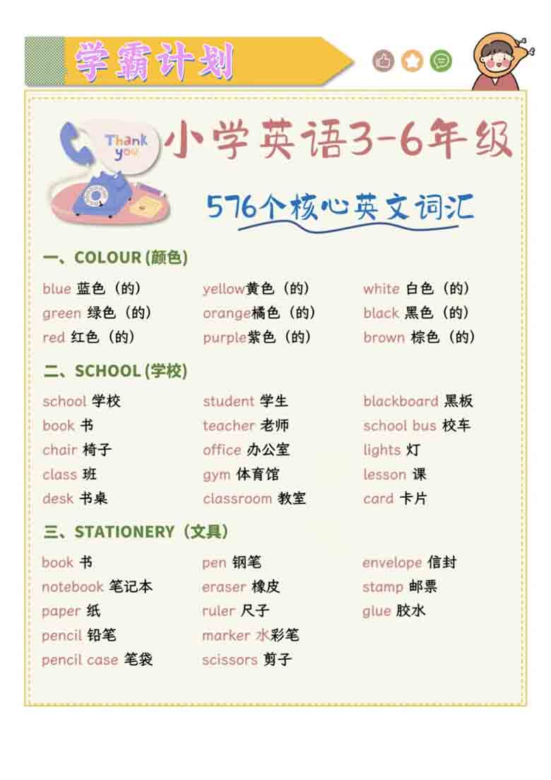 小学英语核心英文词汇，9页PDF可打印