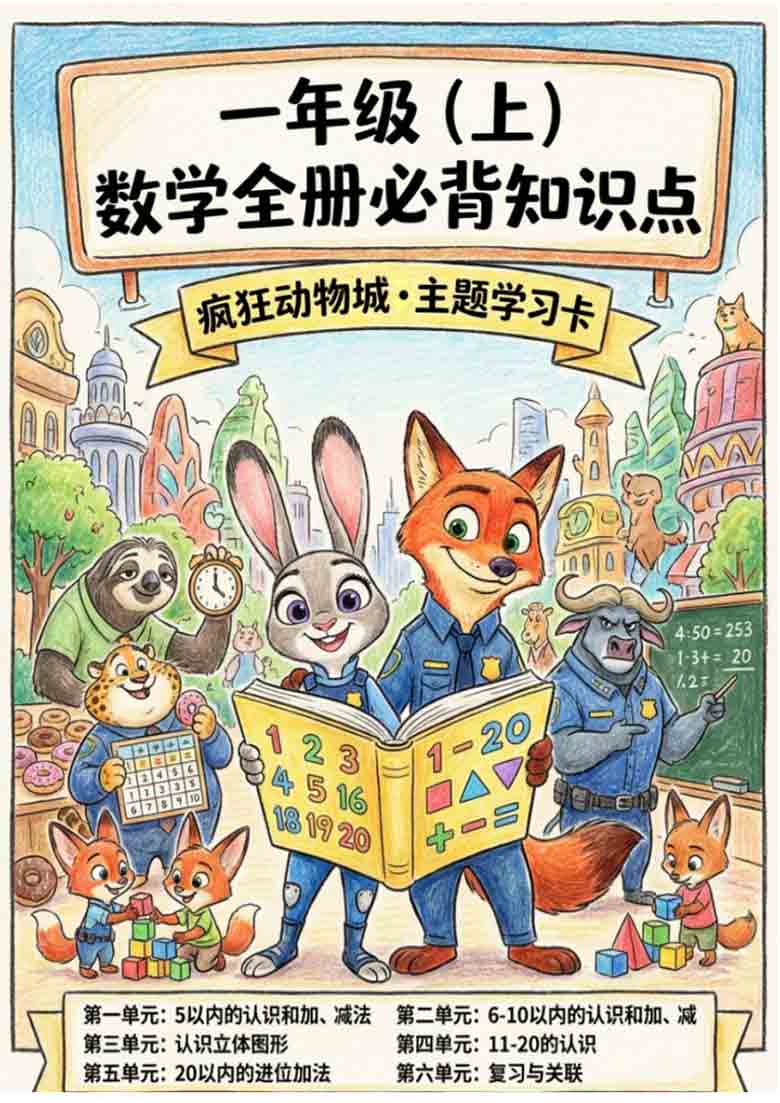 一年级（上）数学全册必背知识点（疯狂动物城学习卡）(1)，7页PDF电子版
