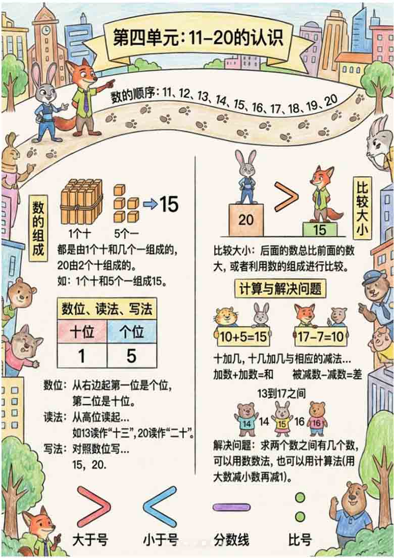 一年级（上）数学全册必背知识点（疯狂动物城学习卡）(1)，7页PDF电子版