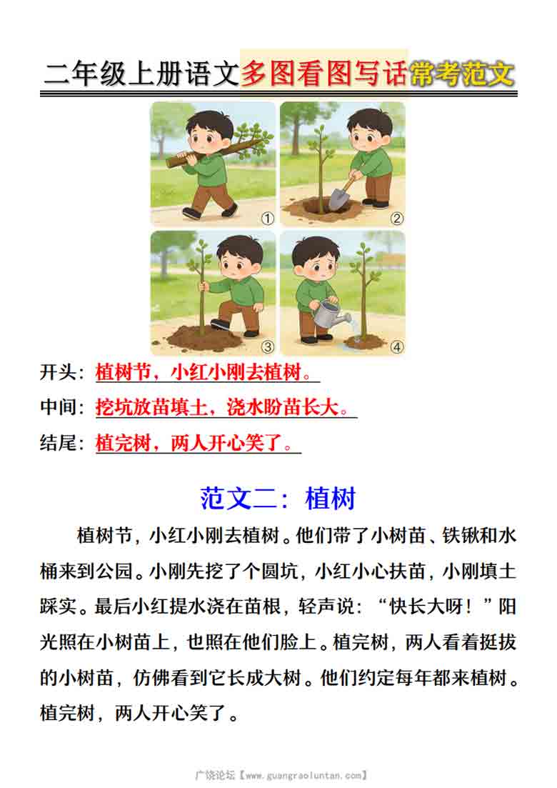 二年级上册语文多图看图写话常考范文，8页PDF电子版