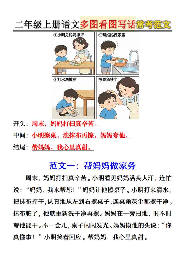二年级上册语文多图看图写话常考范文，8页PDF电子版