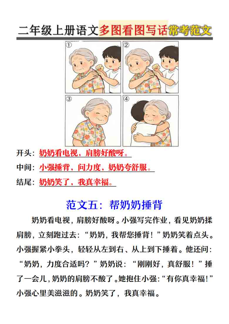 二年级上册语文多图看图写话常考范文，8页PDF电子版