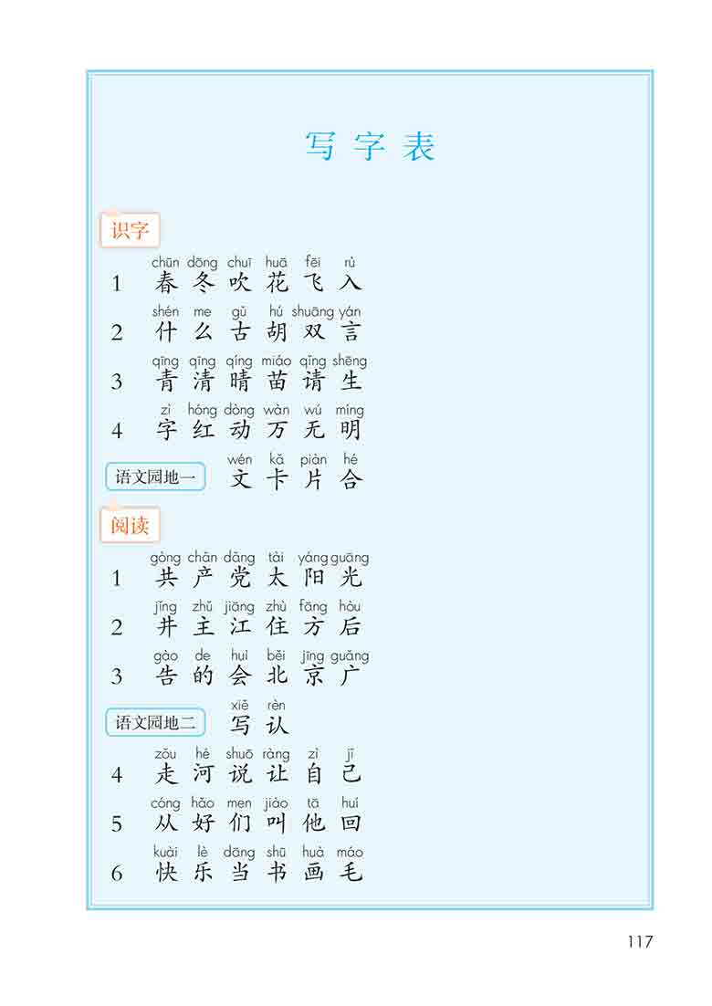 一年级语文下册课后三表（写字表+识字表+常用偏旁名称表），12页PDF电子版