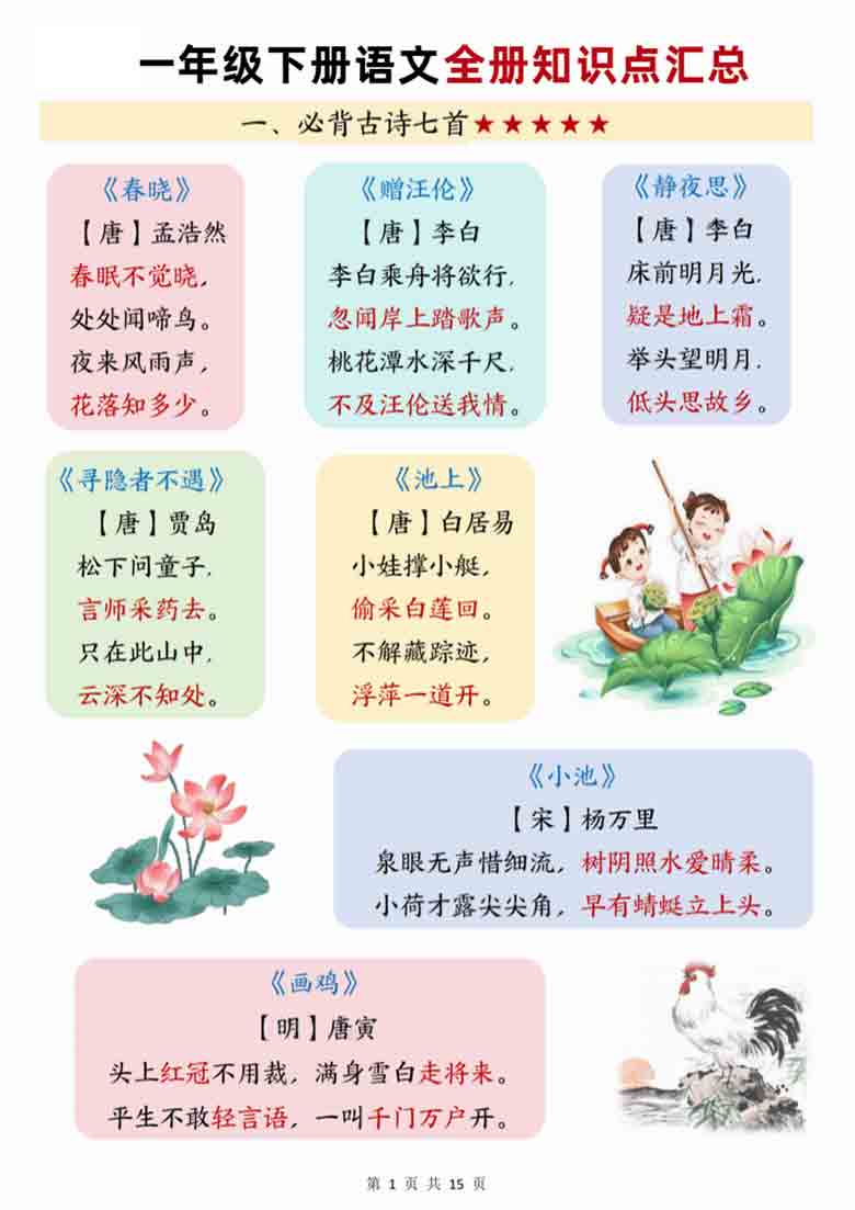 一年级下册语文全册知识点汇总，15页PDF电子版