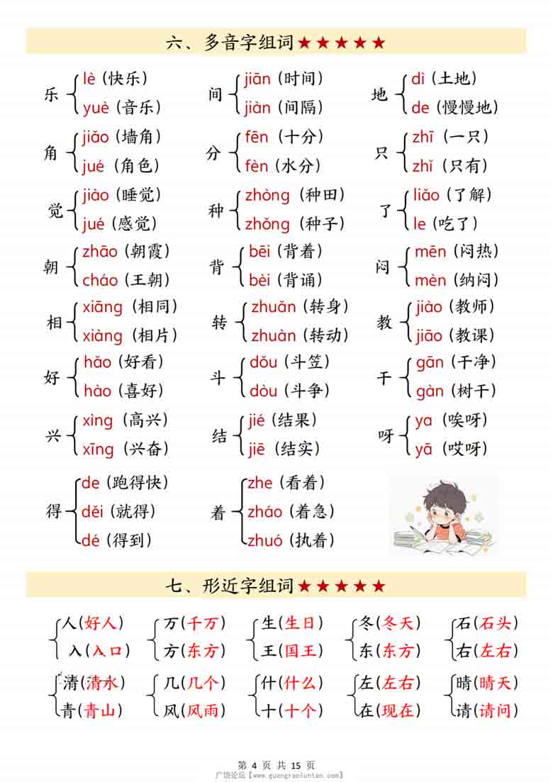 一年级下册语文全册知识点汇总，15页PDF电子版