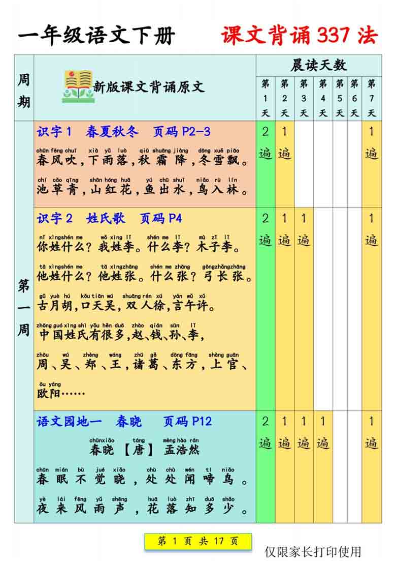 一年级语文下册课文背诵337法，17页PDF电子版