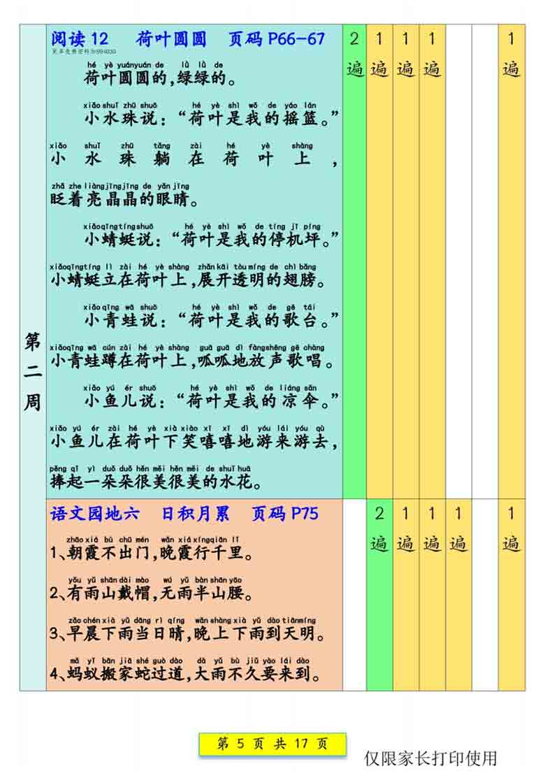 一年级语文下册课文背诵337法，17页PDF电子版
