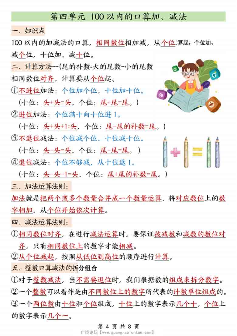 一年级下册数学知识汇总人教版，8页PDF电子版