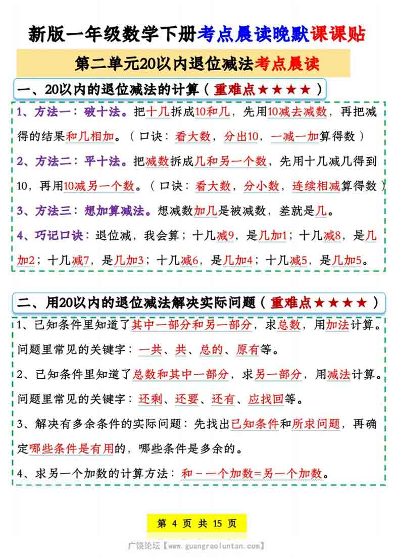 一年级数学下册考点晨读晚默，15页PDF电子版