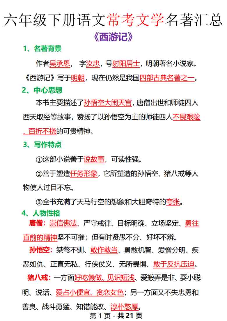 六年级下册语文常考文学名著汇总，21页PDF电子版
