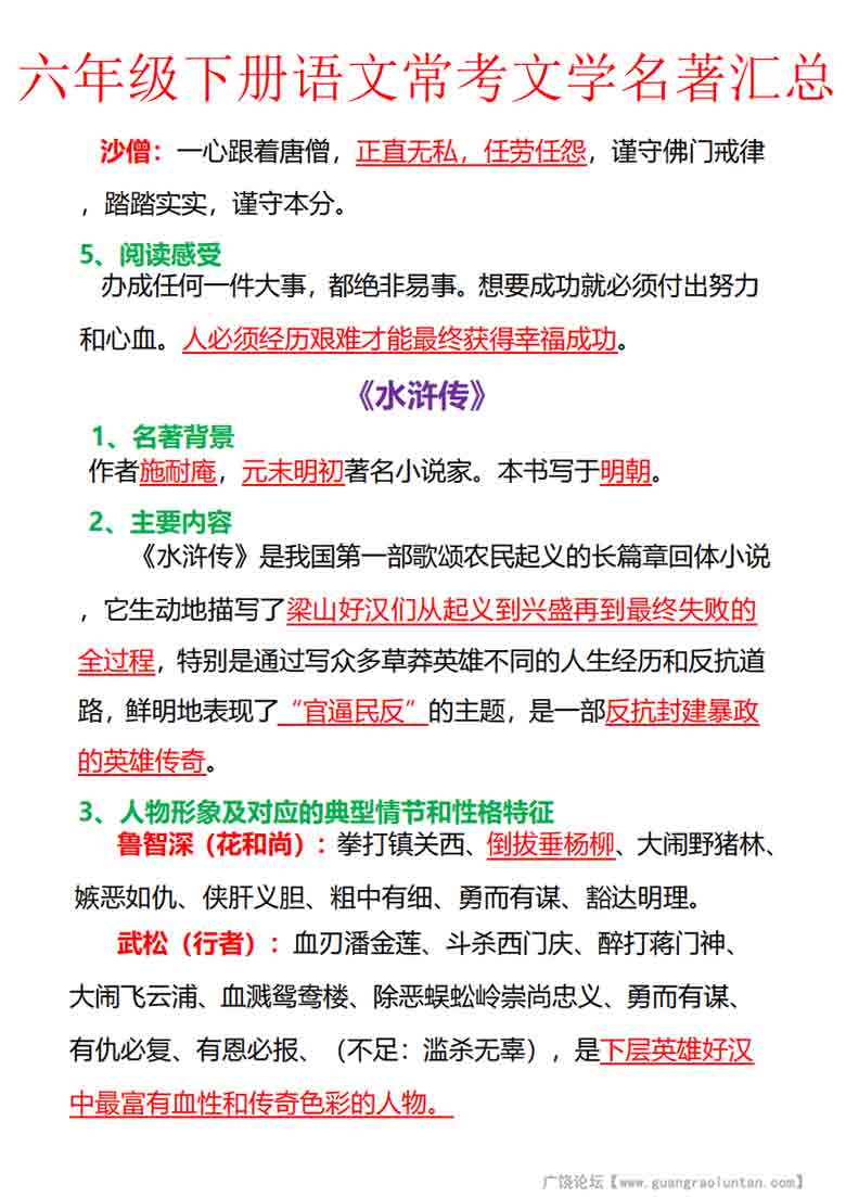 六年级下册语文常考文学名著汇总，21页PDF电子版