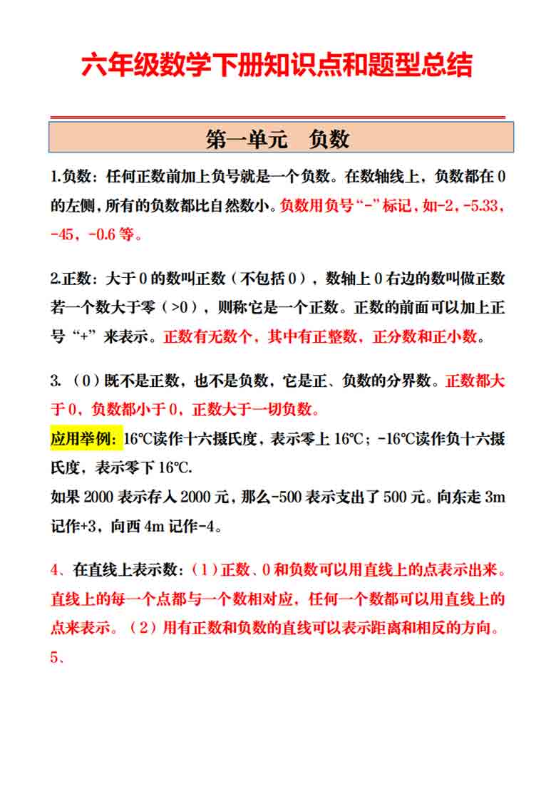 人教版六年级数学下册知识点和题型总结，10页PDF电子版