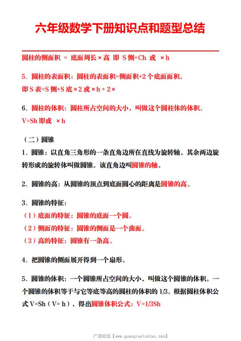 人教版六年级数学下册知识点和题型总结，10页PDF电子版